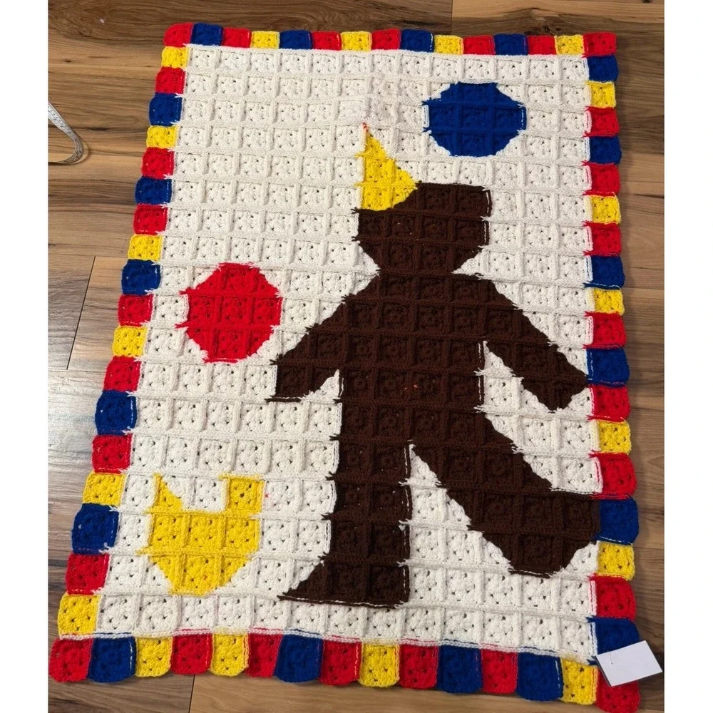 Vintage Handmade Crochet Cat Blanket Afghan Granny Square Kitten Balloons 40x29